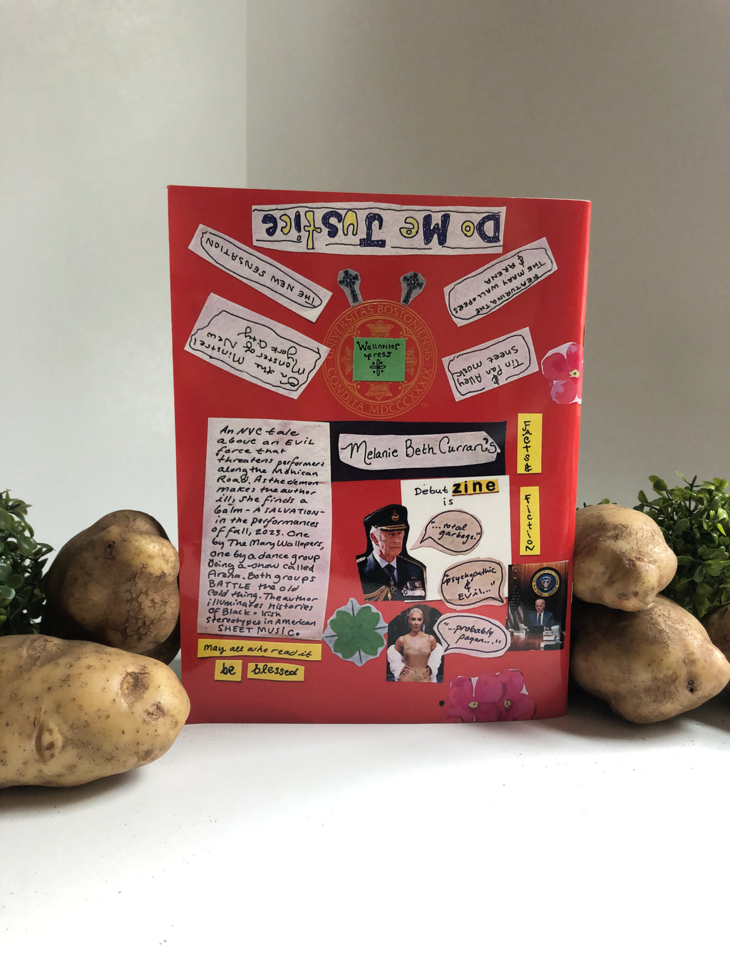 back of red book zine with title do me justice by Melanie beth curran and potatoes