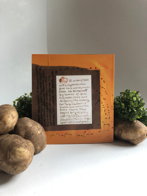 Handmade book with text and illustrations on a white surface with potatoes and plants.